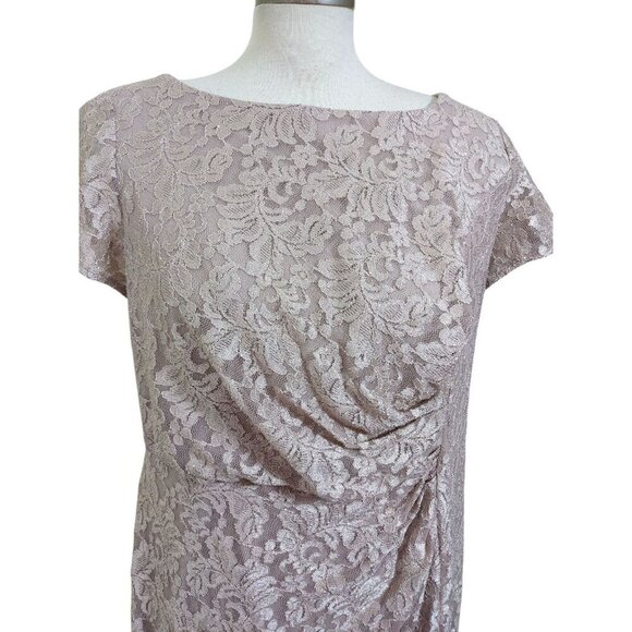 Oleg Cassini Dress Womens Size 16 Glitter Lace Sparkly Champagne Ruched Side - Picture 2 of 9